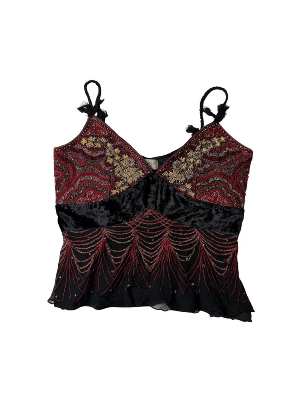 Y2K Silk Beaded Embroidered Camisole Top Black Burgundy Velvet Sequin Size S